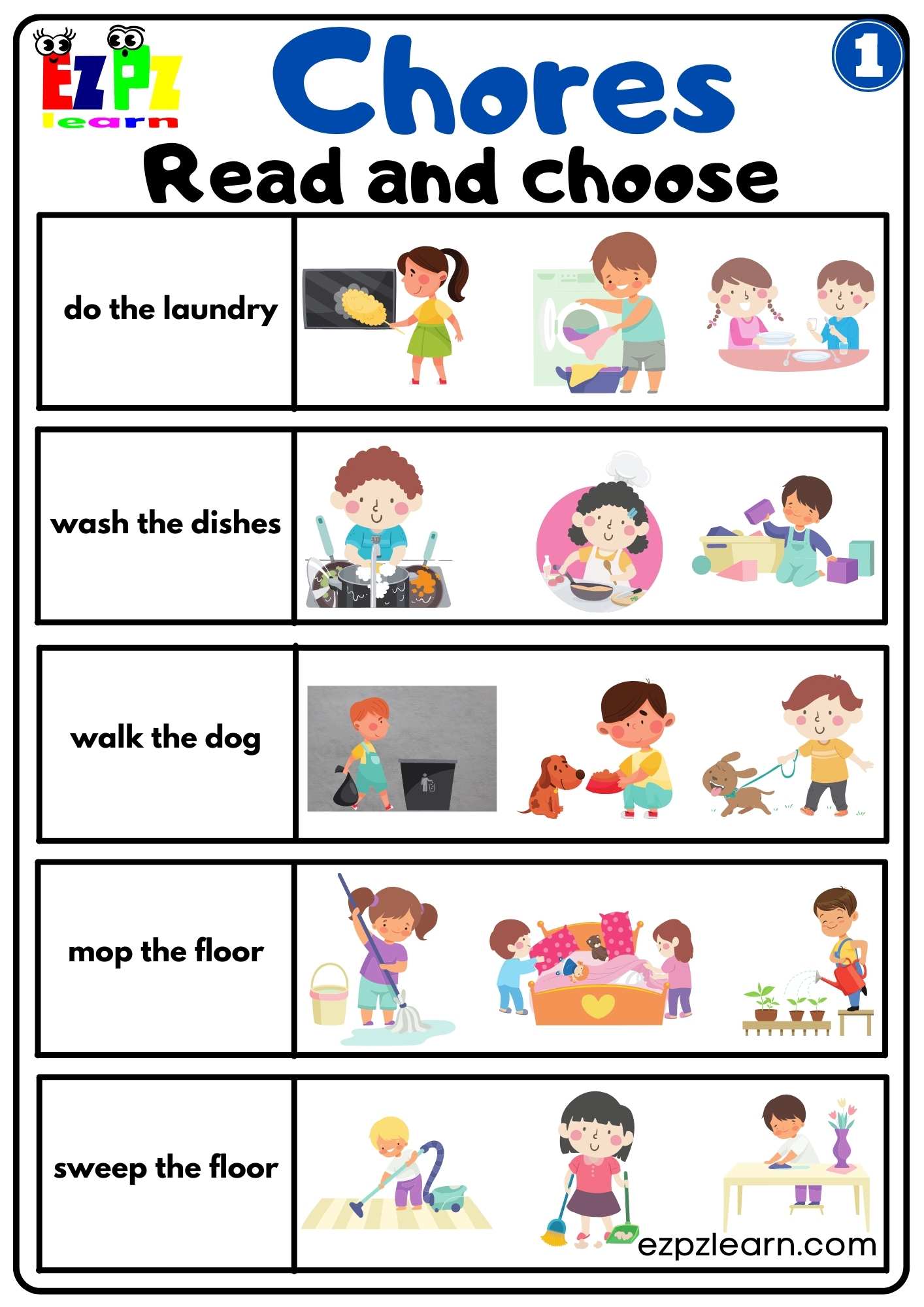 Household Chores Vocabulary Read And Choose Worksheet For Kids Group 1 